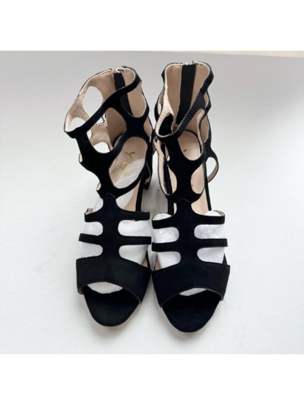 Women Size 7 Sexy Peep Toe Strappy Cutout Sandals Black Suede YDN